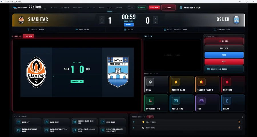 Live workspace with Program and Preview panes, match actions and match phases