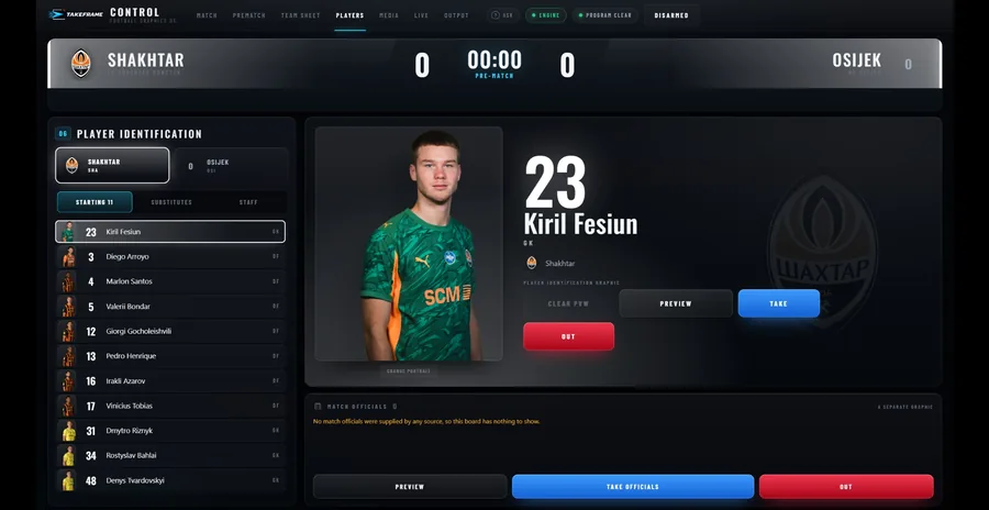 Player identification workspace with portrait, shirt number, club crest and Preview, Take and Out controls