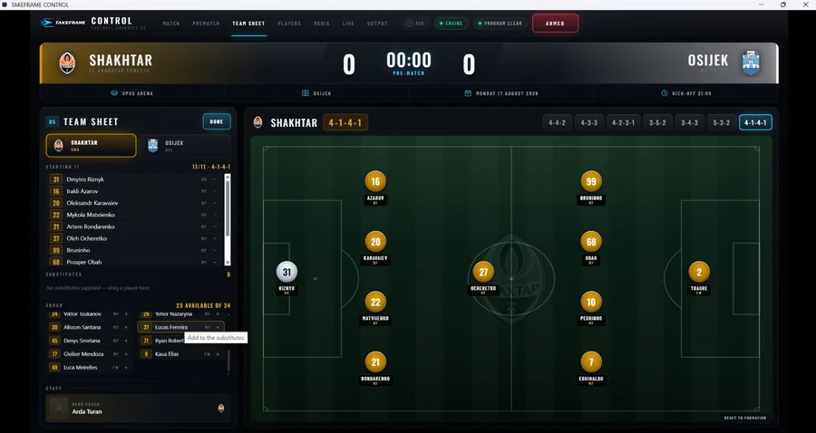 Team sheet workspace with Starting 11 list, substitutes, squad and drag-and-drop formation pitch