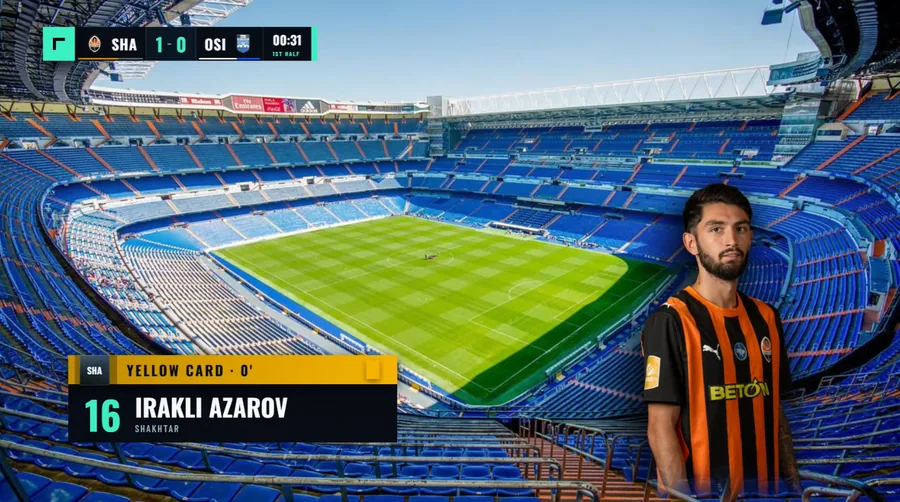 Broadcast yellow card lower third with player portrait, shirt number and persistent scorebug